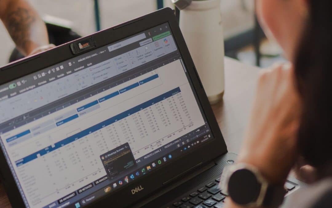Webwinkelier analyseert verkoopdata en zoekverkeer van haar webshop op een laptop